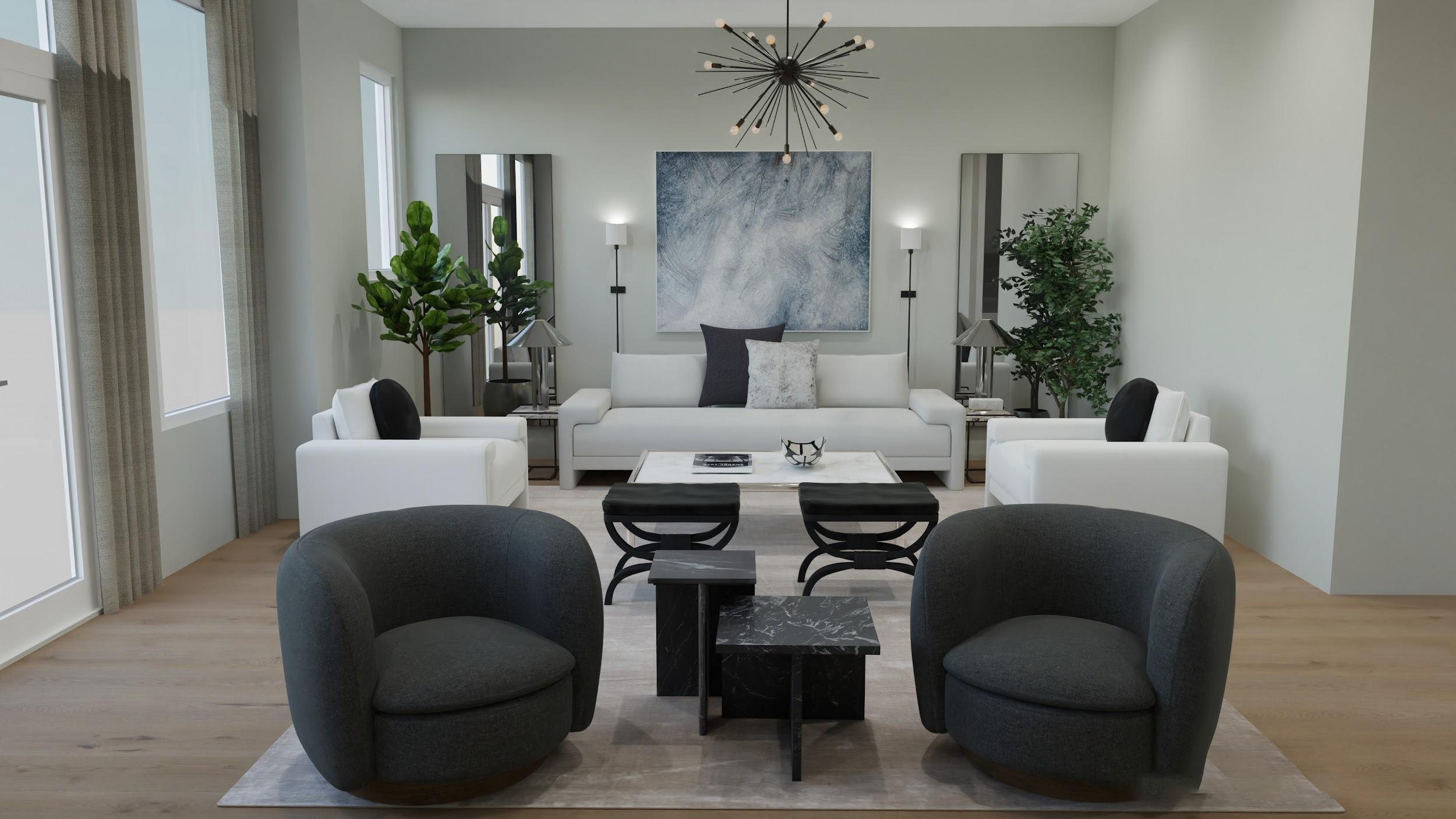 a modern family room render by Laure Leger Studio