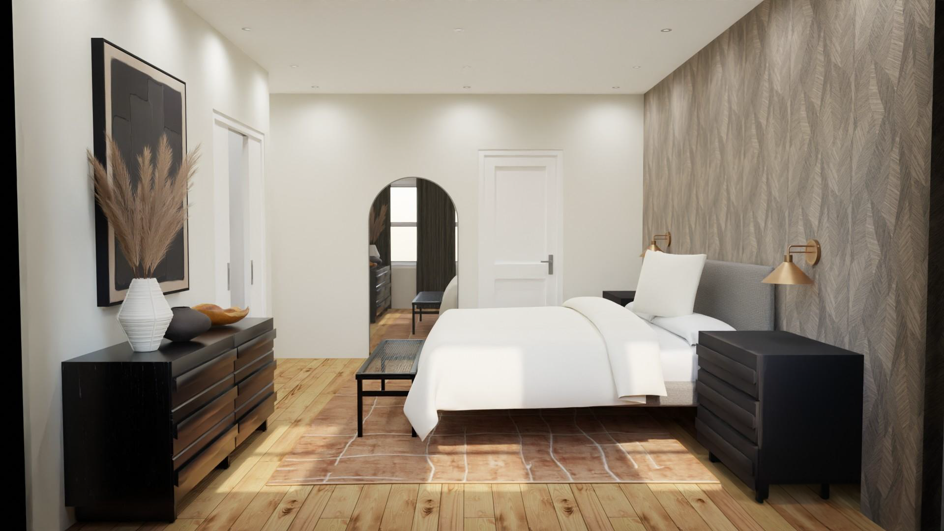 a bedroom render of a large bed with a white comforter and a light brown rug, by Laure Leger Studio