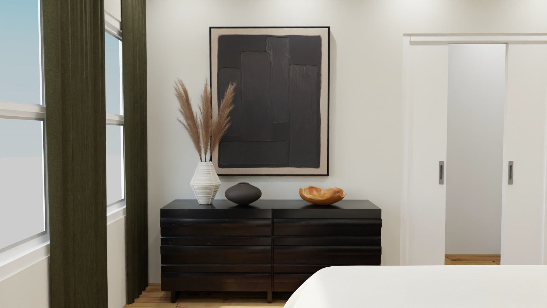 a bedroom render of a large bed with a white comforter and a light brown rug, by Laure Leger Studio