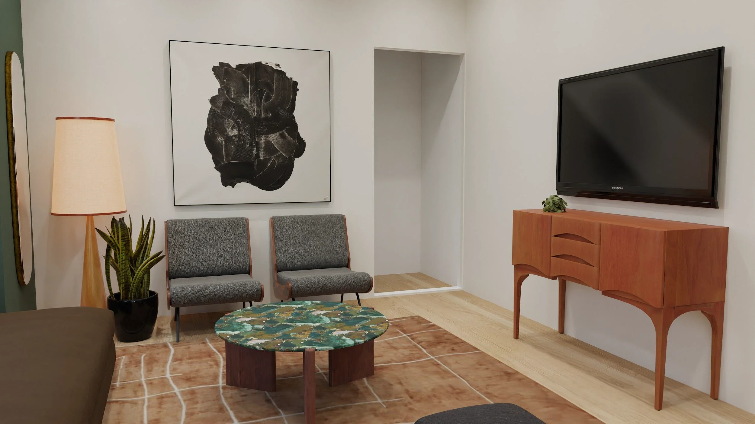 a living room render design from project aberdeen by Laure Leger Studio