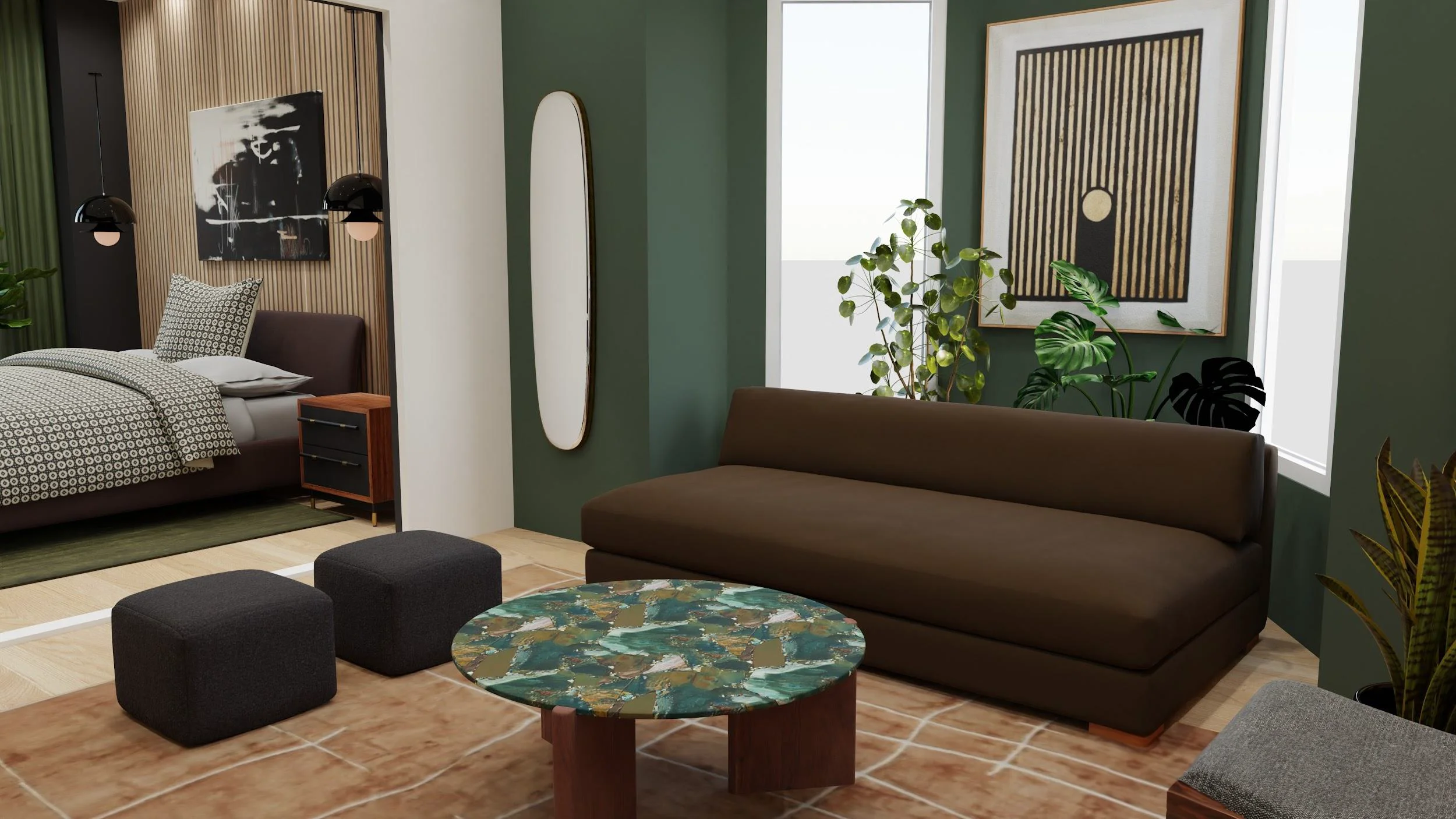 a living room render design from project aberdeen by Laure Leger Studio