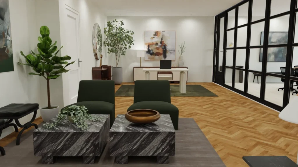 a render design of an office space, with two dark green velvet chairs and a black rectangular marble table by Laure Leger Studio