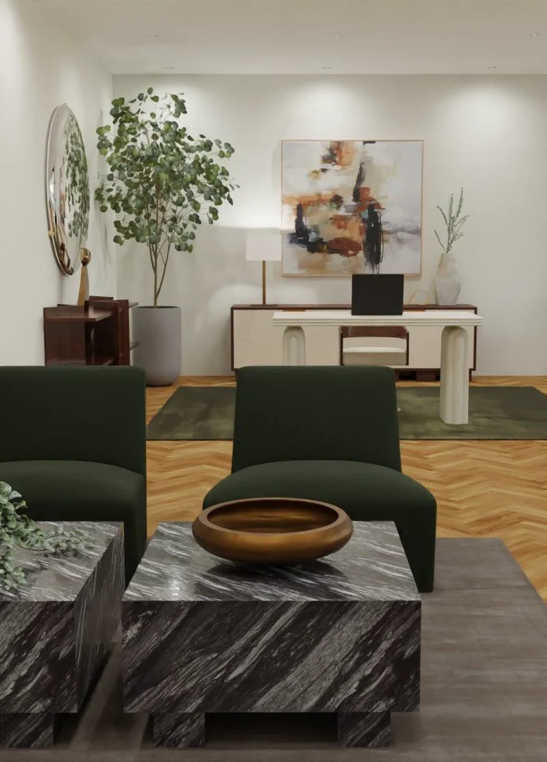 a render design of an office space, with two dark green velvet chairs and a black rectangular marble table by Laure Leger Studio