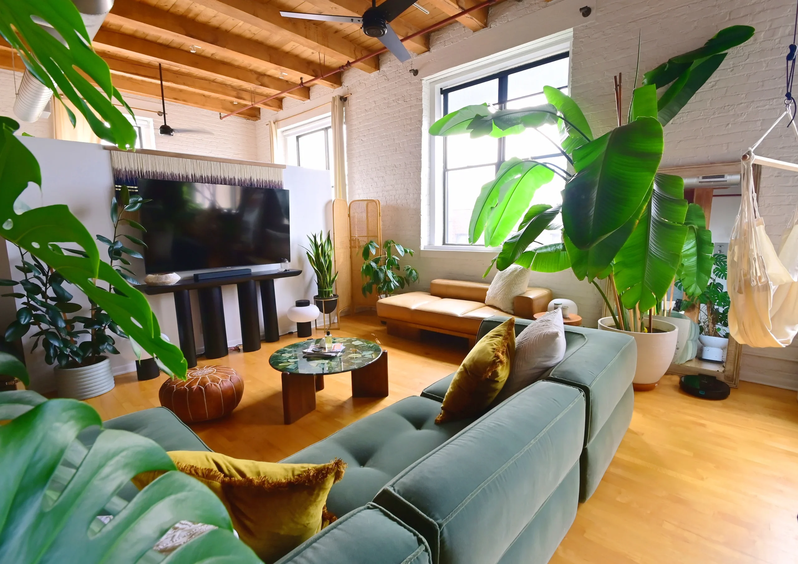 A tastefully decorated living room featuring a comfortable couch, lush green plants, and a large window with natural light streaming in. Chicago Loft project styled and designed by Laure Leger Studio